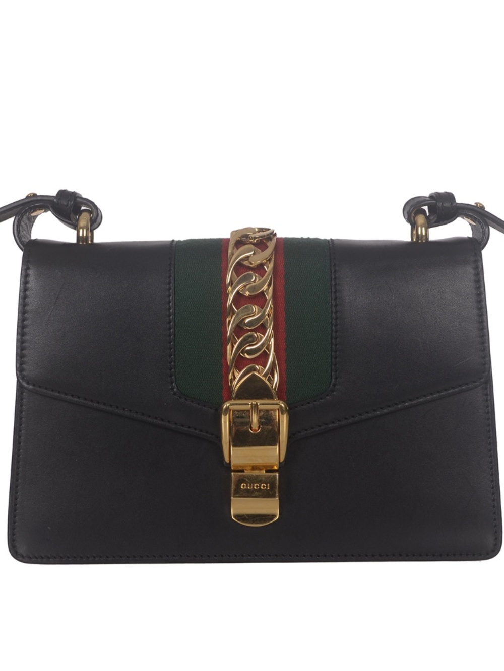 Gucci Sylvie Small Black Leather Crossbody with Green-Red Web & Gold Chain Bag